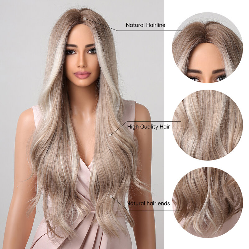 ALAN EATON Platinum Blonde with White Highlight Dark Roots Synthetic Hair Wigs for Women Long Wavy Cosplay Wig Heat Resistant