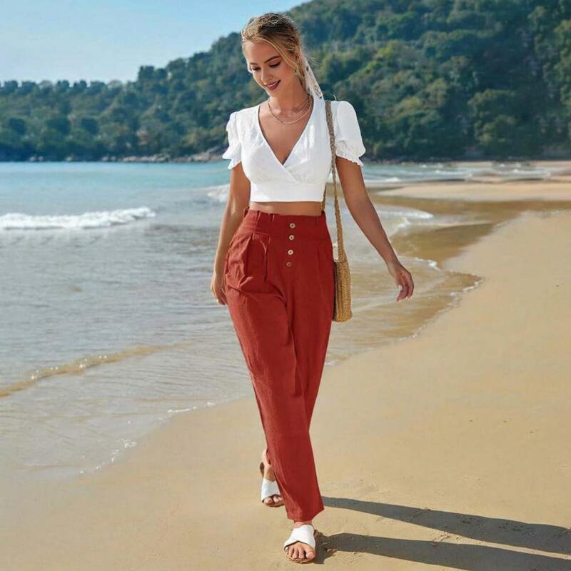 Celana panjang kancing pinggang tinggi wanita, celana pinggang serut elastis dengan dekorasi kancing warna Solid Harem untuk musim semi