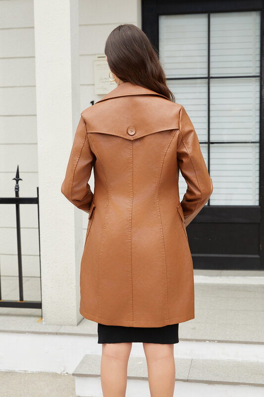 2024 New Long Style Leather Coat Spring and Autumn Long Sleeve Leather Windbreaker Fashion British Coat Women's Polo Collar