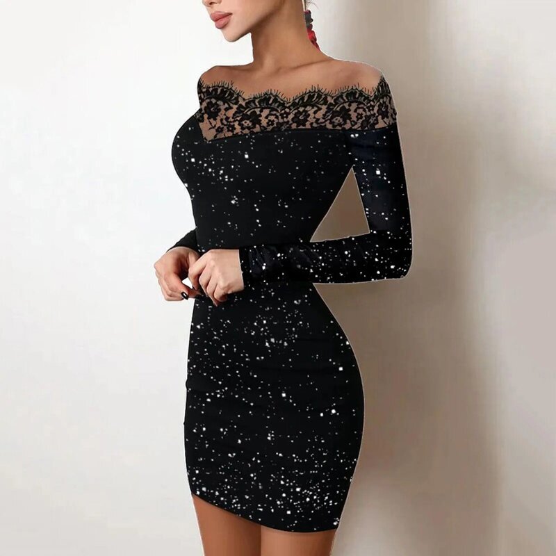Women's Dress Vintage Floral Sequin See Though Lace Patchwork Long Sleeve Boat Neck Swing Dress Gown Prom Cocktail Party Dresses