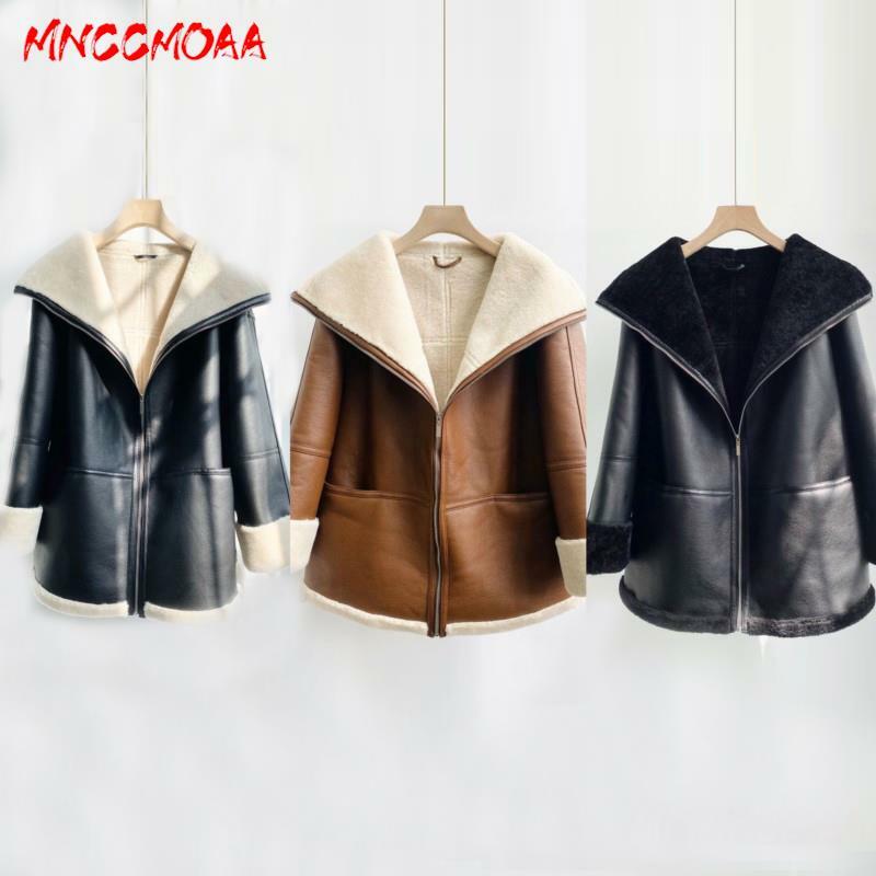 MNCCMOAA 2024 겨울 여성 패션 루즈 두꺼운 따뜻한 인조 가죽 재킷 코트, 캐주얼 긴 소매 지퍼 아우터