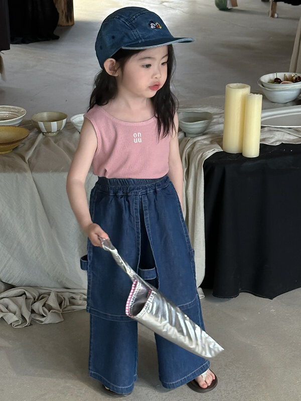 Pantalones vaqueros finos de pierna ancha para niñas, pantalón holgado de 2 piezas, sólido, a la moda, novedad de verano 2024