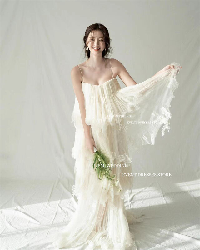 LISM gaun malam elegan kain Tule gading A-Line gaun malam Korea pemotretan berkerut tingkat gaun Prom pernikahan acara Formal buatan khusus