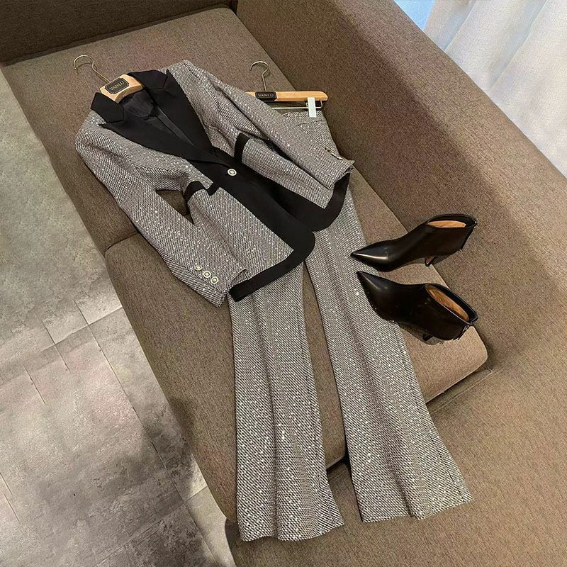 Conjunto de terno de seda xadrez feminino, calça de cintura alta, temperamento emagrecedor, tamanho grande, tendência primavera, 2 peças