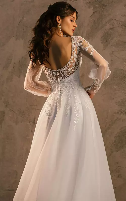Simple A Line Women Wedding Dress Long Sleeves Sexy V-neck Backless Bridal Gowns Appliques Sweep Train Dress Custom Made