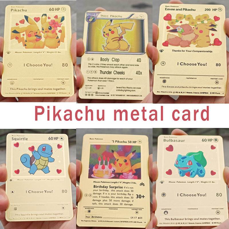 Металлическая карточка с покемоном Пикачу, железная аниме-карта для коллекции боевых действий, золотые карточки, подарок на день рождения, детские игрушки
