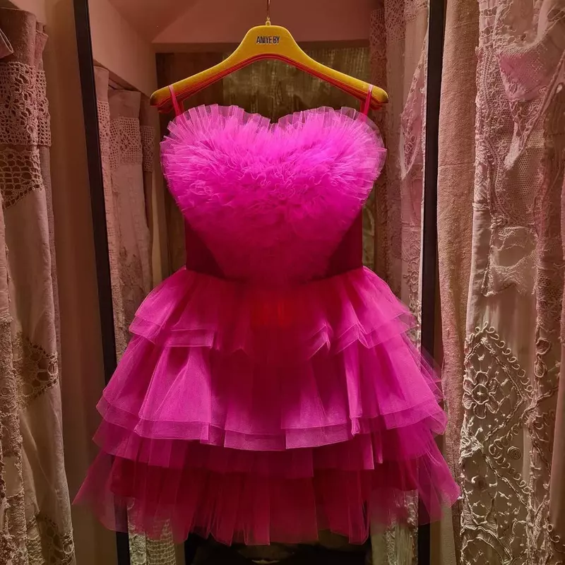 SERENDIPIDTY 절묘한 스파게티 스트랩 드레스, 백리스 프릴, 큰 하트 얇은 명주 그물 미니 원피스, 맞춤형 플러스, 자홍색 패션