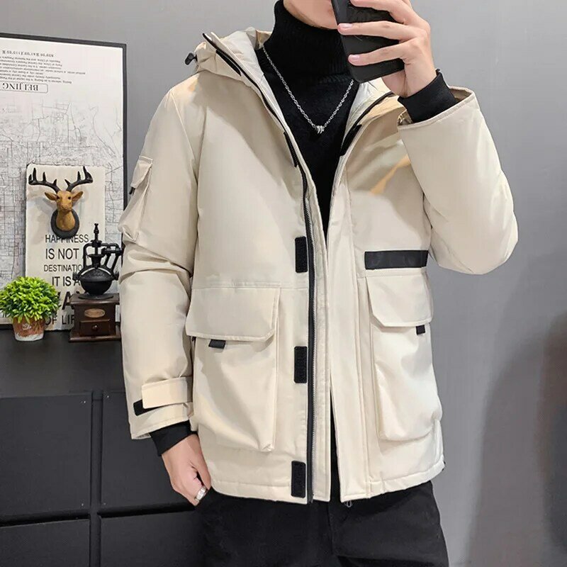 최신 겨울 작업복 다운 재킷 짧은 스타일 후드, 두껍고 따뜻한 남성용 흰색 오리털 후드 재킷