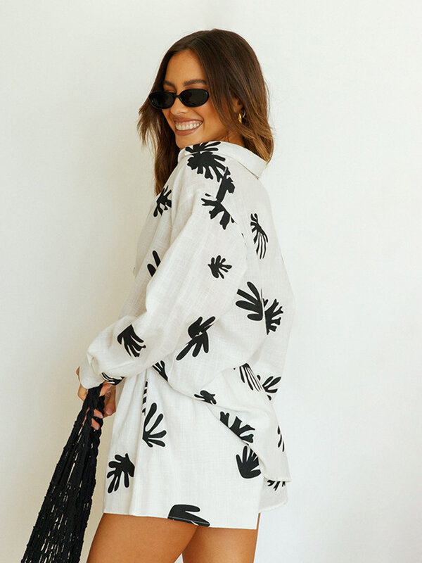 Marthaqiqi-Conjunto de pijama con cuello vuelto para mujer, camisón de manga larga, pantalones cortos con estampado informal, ropa de dormir para primavera