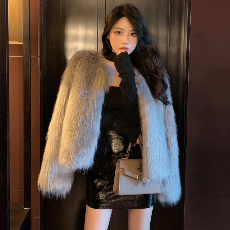 Abrigo corto de piel sintética para mujer, cárdigan cálido de plumas, ropa de fiesta elegante, moda coreana, invierno, 2023
