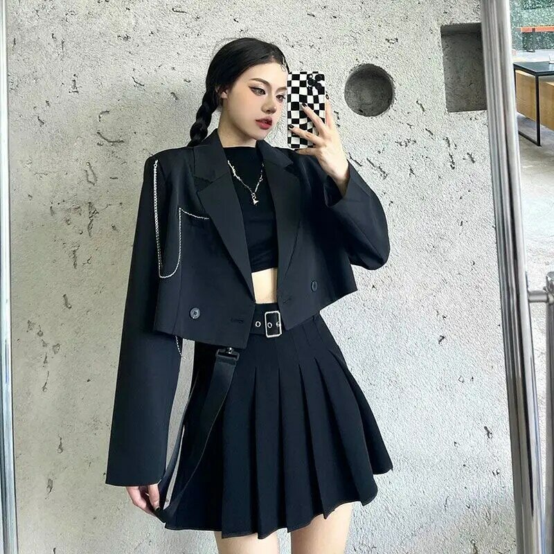 Весна-Осень 2024, женский маленький костюм, короткая черная куртка, пальто