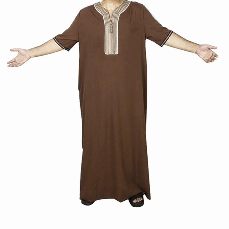 Letnie muzułmańskie męskie Jubba Thobe jednolity kolor Kimono średniej szaty saudyjski Musulman koszula z kołnierzykiem islamski arabski Kaftan męskie szaty