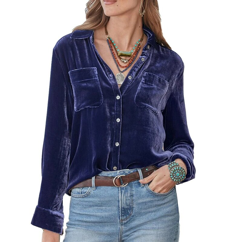 Blusa de Estilo Vintage para mujer, camisa con botones, manga larga y cuello en V, Color sólido, hecha de terciopelo Retro