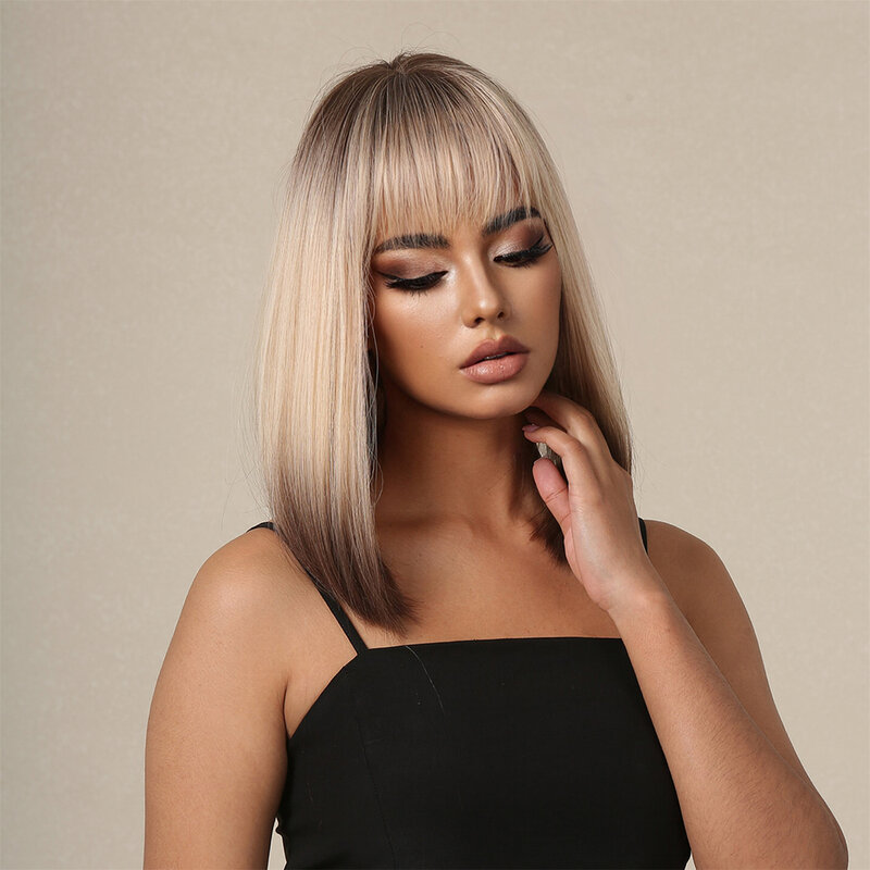 Heat Resistant Fiber Straight Synthetic Bob Wigs Gradual Gray Brown Ombre Wig With Bangs For Women Daily Cosplay Party Use