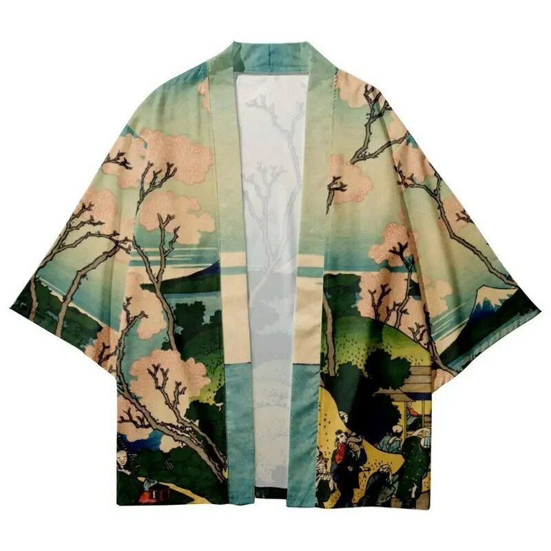 Camisa con estampado japonés de montura Fujii para mujer, cárdigan Yukata para playa, Kimono tradicional, blusa Haori 2024