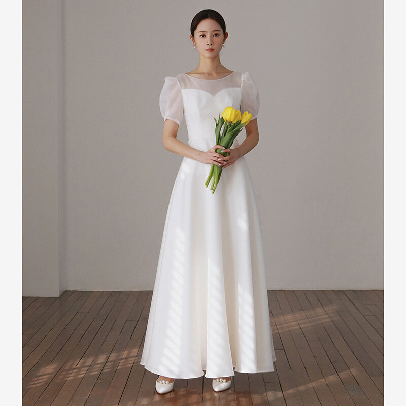 Korea Style  A-line New Design Ivory Ankle-Length Wedding Dress O-Neck Backless Organza 웨딩드레스 A-Line Backless vestidos de novia