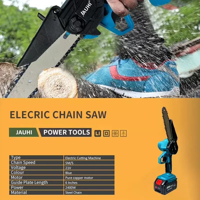 JAUHI 3500W 6Inch Electric ChainSaw Rechargeable Saw 40000RPM Cordless Chain Saw Wood Power Tools For Makita 18V Battery
