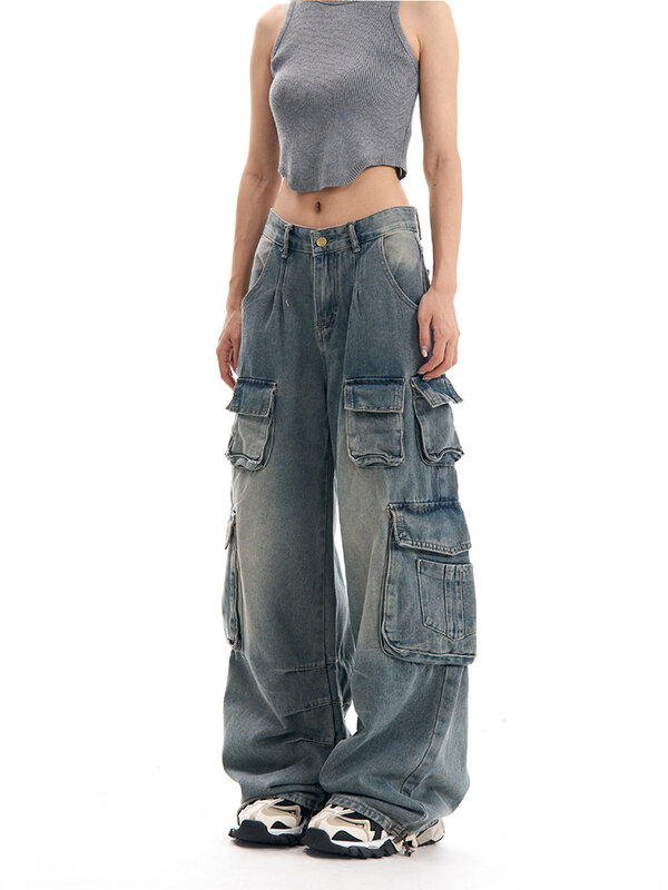 Celana kargo wanita, Jeans Vintage longgar dengan beberapa kantong, celana kargo Denim, pakaian jalanan kaki lebar kasual 2024