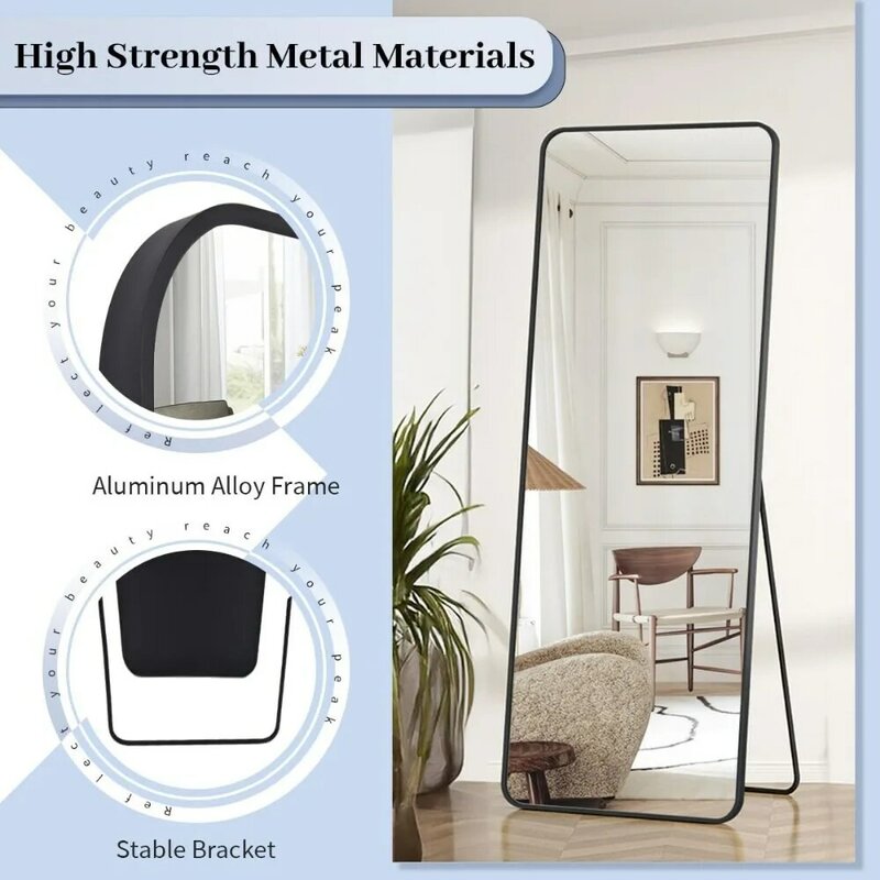 مرآة سوداء كاملة الطول ، مرآة أرضية زاوية مستديرة ، واقفة معلقة أو حائطية ، مرآة غرفة ملابس ، 65 بوصة × 22 بوصة
