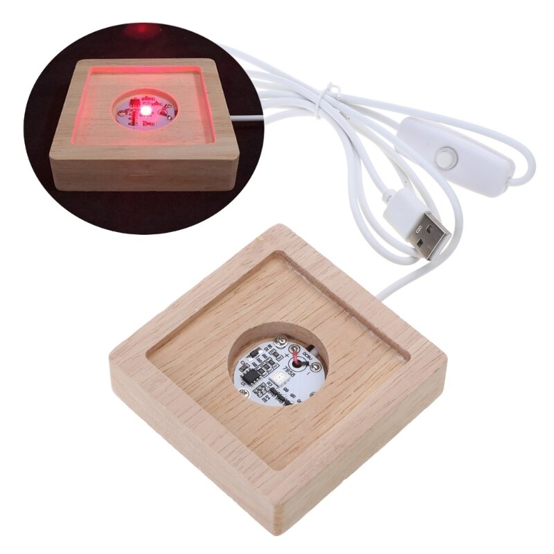 Base d'affichage lumières LED colorées/blanches, lumière chaude, support Base éclairé en bois avec câble USB, pièce