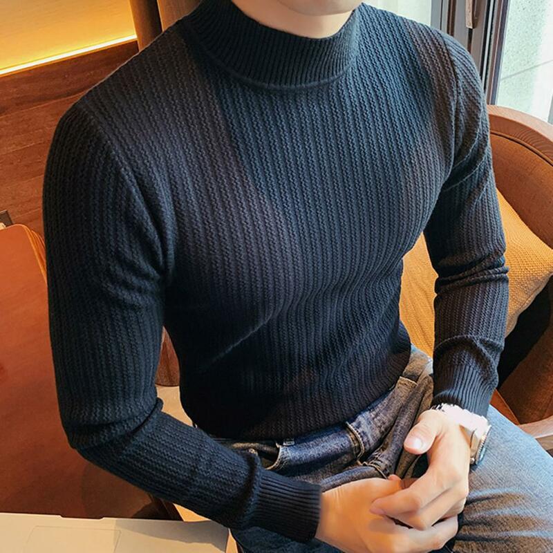 남성용 하프 터틀넥 스트라이프 스웨터, 신축성 있는 뜨게 풀오버, 한국 슬림 솔리드 타이트 스웨터 상의, 라지 사이즈 3XL-M, 가을 겨울