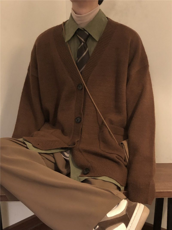 Strickwaren Lose Große Pullover V-ausschnitt Einreiher Einfarbig Stricken Pullover Strickjacke Retro Faul Wind Jacke für Männer und Frauen
