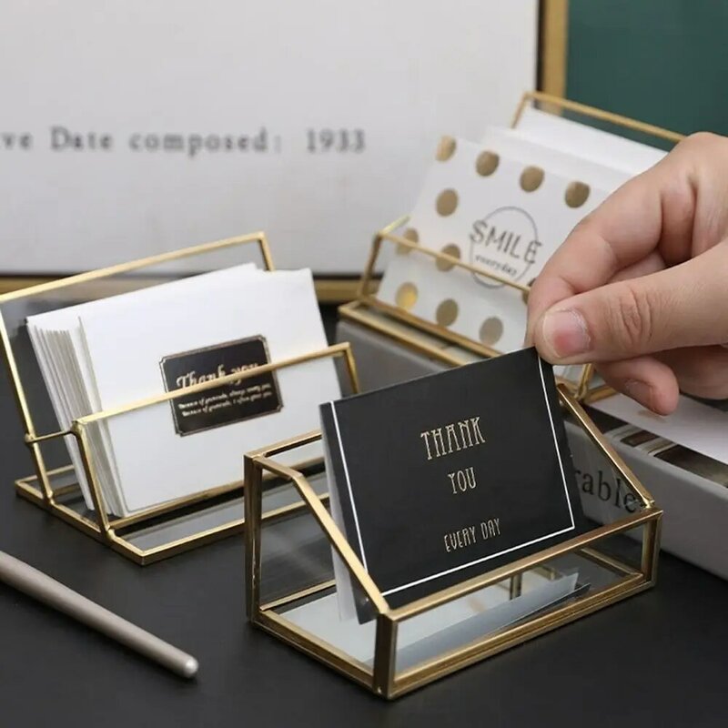 Professional Glass Business Card Holder Stand Durable Elegant Office Name Card Display Stand Metal Business Card Organizer