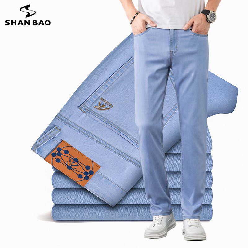 SHAN BAO letnie nowe męskie dopasowane proste cienkie oddychające jeansy klasyczne haftowane ubrania codzienne lekkie jeansy ze streczem