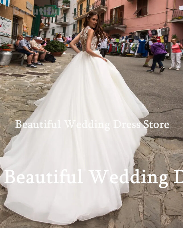 Boho weselny sukienka damska z okrągłym dekoltem koronkowa aplikacja o-line 2024 nowy plażowa suknia ślubna formalny suknia wieczorowa do podłogi