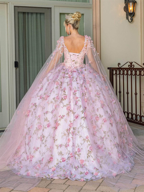Princesa Floral vestido de baile estampado com capa, vestido Quinceanera, vestidos, 2023