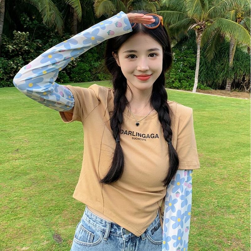 Outdoor Sunscreen Flower Checkerboard Long Sleeves Printing For Girl Cooling Sleeves Sun Protection Arm Sleeves Ice Silk Sleeve