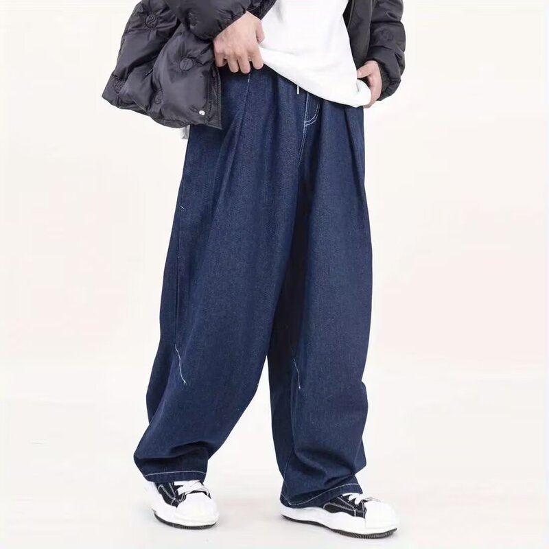 Celana panjang Jeans pria longgar ukuran besar celana Denim pria celana panjang kaki lebar warna polos longgar kasual Streetwear Hip Hop Harajuku 2024 baru