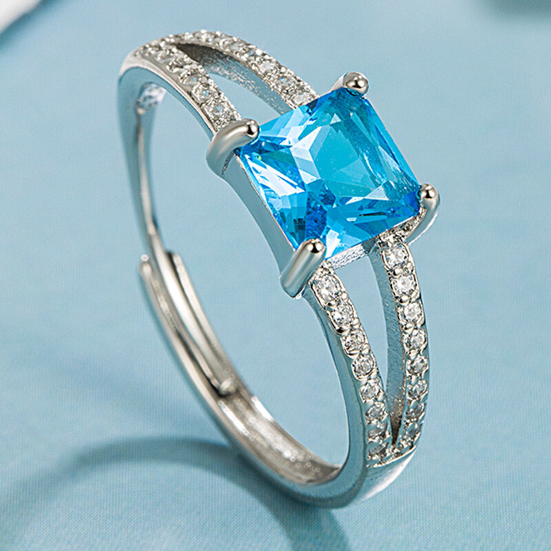 925 Sterling Silver Square Blue Zircon ​Open Rings For Women Wedding Engagement Vintage Jewelry Money 925 Jewellery