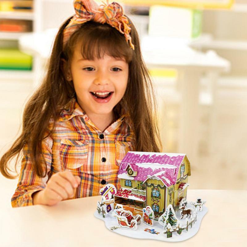 3D Christmas Village Theme Puzzles, cena de neve branca, cidade pequena, decoração de Natal, kit modelo para criança