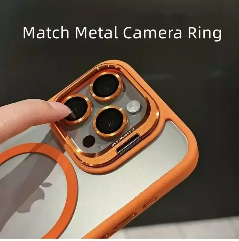 Magsafe Magnetic Lens Protection Stand Phone Case, Capa de metal transparente, Vidro da câmera, iPhone 15, 12, 13, 14, 11 Pro Max