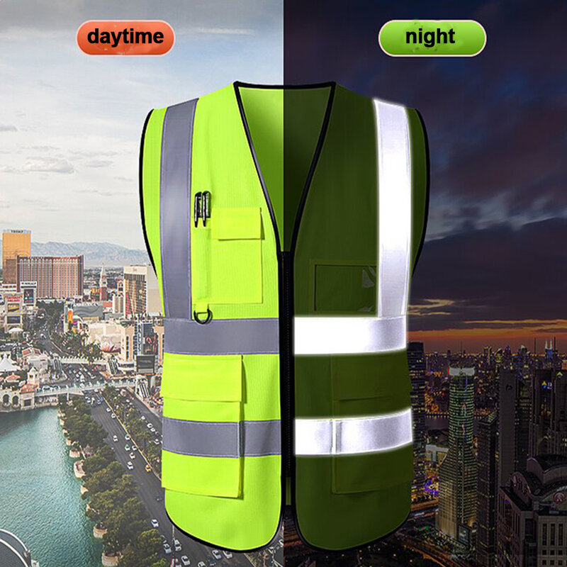 Chaleco reflectante de alta visibilidad para trabajo en carretera, ropa reflectante personalizada con múltiples bolsillos para motocicleta y ciclismo