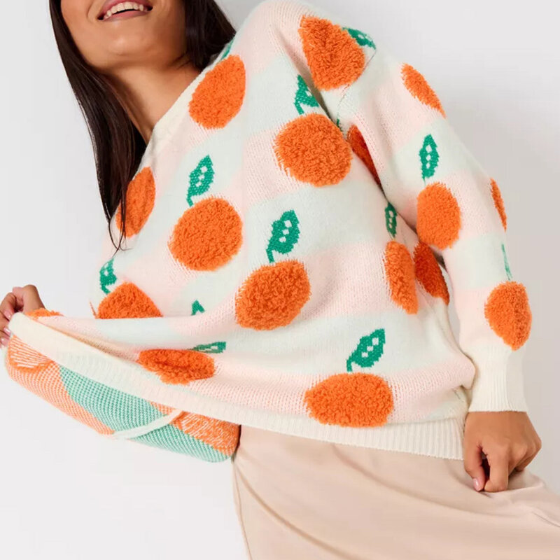 Sweater Pullover rajut untuk wanita, 2023 kasual longgar oranye berkelompok Jacquard leher bulat lengan panjang tebal