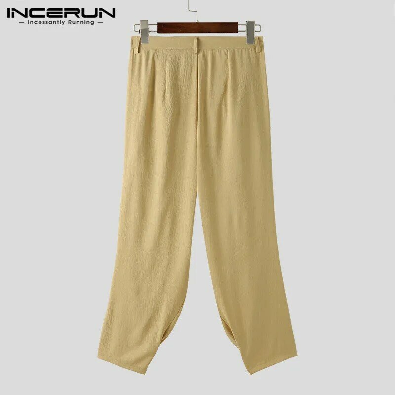 INCERUN 2024 Korean Style New Men Trousers Pleated Solid Color Long Pants Casual Streetwear Male Loose All-match Pantalons S-5XL