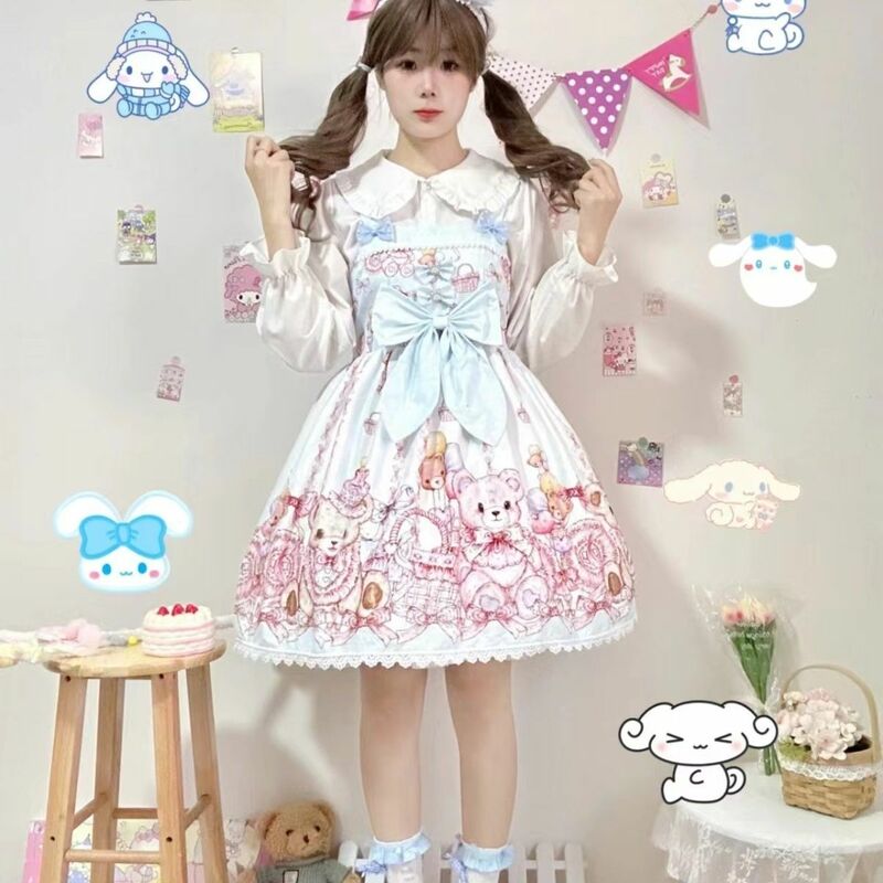 Kawaii Sweet Lolita Princess Dress Women Cute Cartoon Bear Print Bow Strap Dress Kawaii Girl Fashion Tea Party Mini Dress