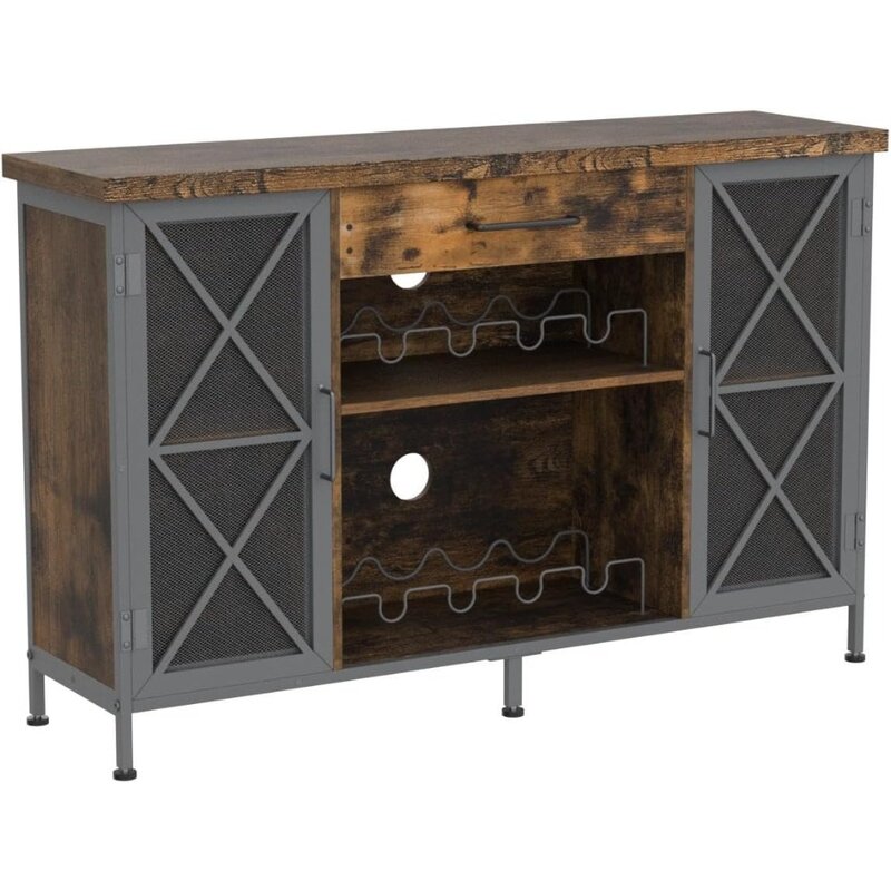 Wine Bar Cabinet with Wine Rack and Glass Holder, Farmhouse Coffee Bar Cabinet for Liquor and Glasses, Industrial Sideboard Buff