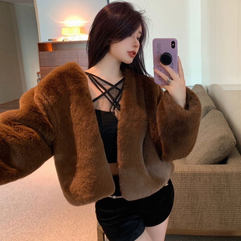 Women's Autumn Winter Long Sleeve V Neck Faux Fur Loose Jacket Lady Chic Casual Solid Color Hairy Thick Outwear