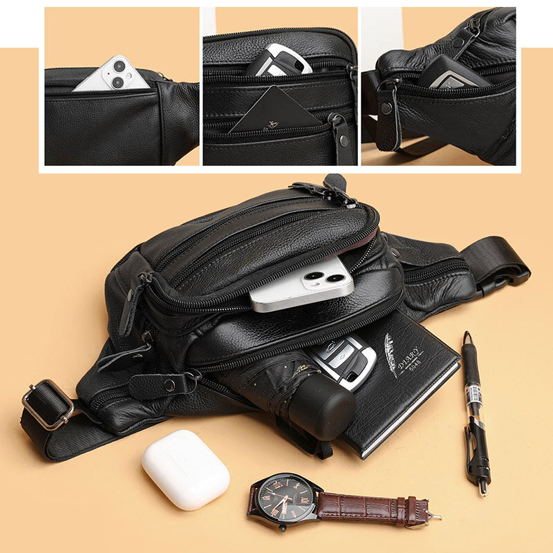 Tas pinggang kulit asli pria, tas pinggang kulit asli, tas selempang Unisex untuk kantung ponsel, tas bahu selempang uniseks