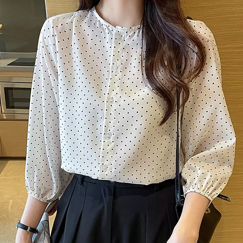 Camisa feminina de manga longa com estampa pontifícia, blusas elegantes, tops casuais extragrandes, camisa feminina estilo coreano, verão, nova, 2024