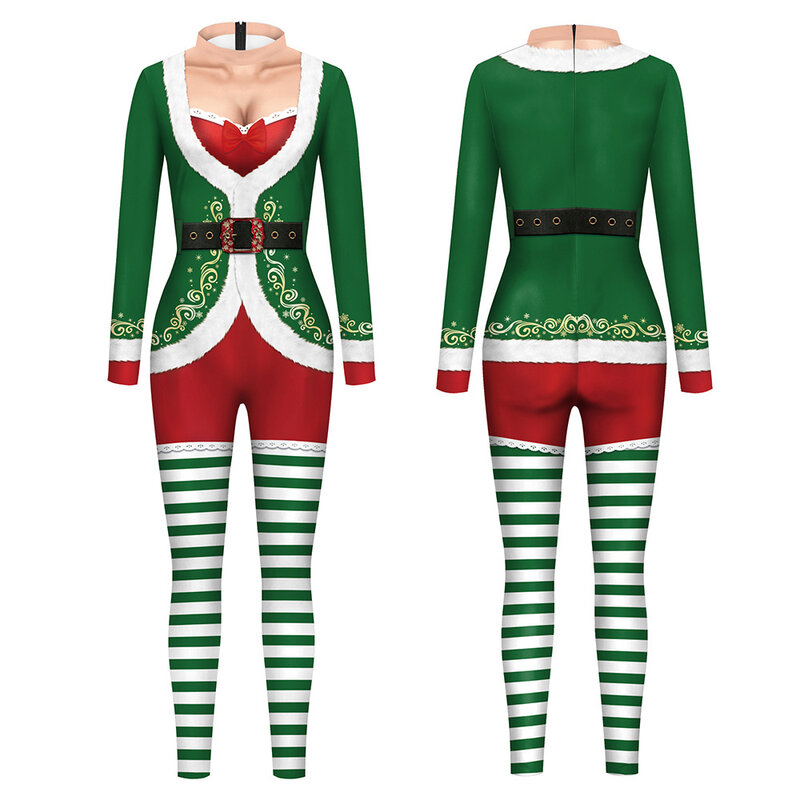 Hot Christmas 3D Print Costume Contrast Splicing Xmas Stage Performance Jumpsuits Women Tights Bodysuit