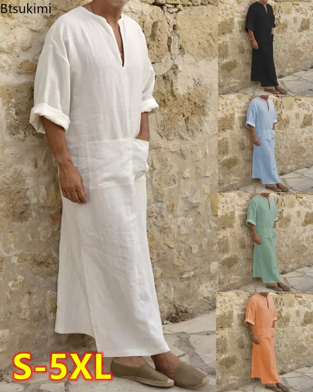 Plus Size 4xl 5xl Herren muslimische Robe V-Ausschnitt lässige Baumwolle/Leinen Taschen lose Langarm Vintage arabische ethnische islamische Kleid männlich