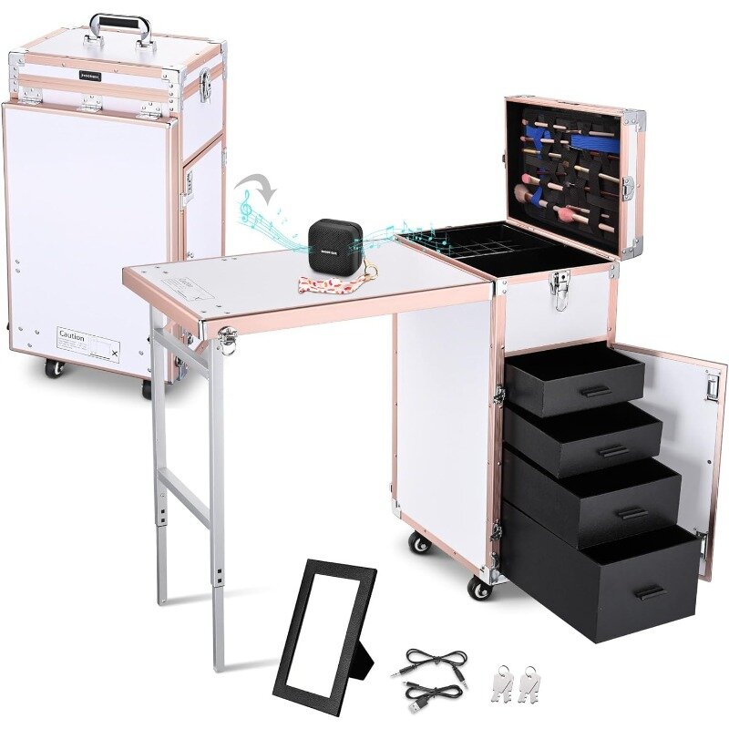 Rolling Manicure Table Foldable Nail Table Makeup Train Case with Desk Cosmetic Trolley Travel Storage Organizer with 4 Drawers