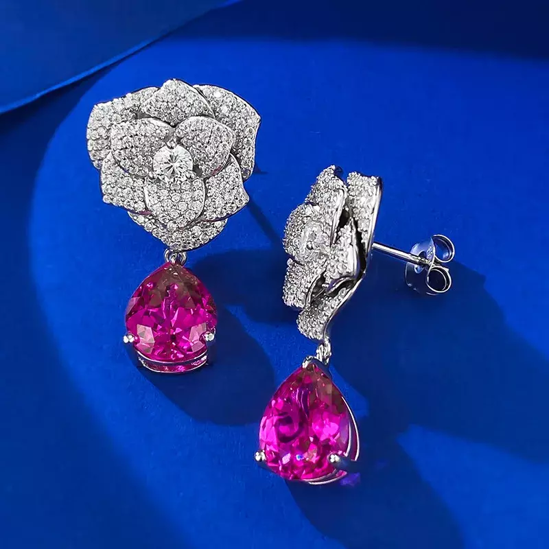 Qiaoer-Brincos Rosa de Diamante Rosa de Alto Carbono para Mulheres, 100% 925 Prata Esterlina, Joias Finas Espumantes, 9x11mm, Primavera