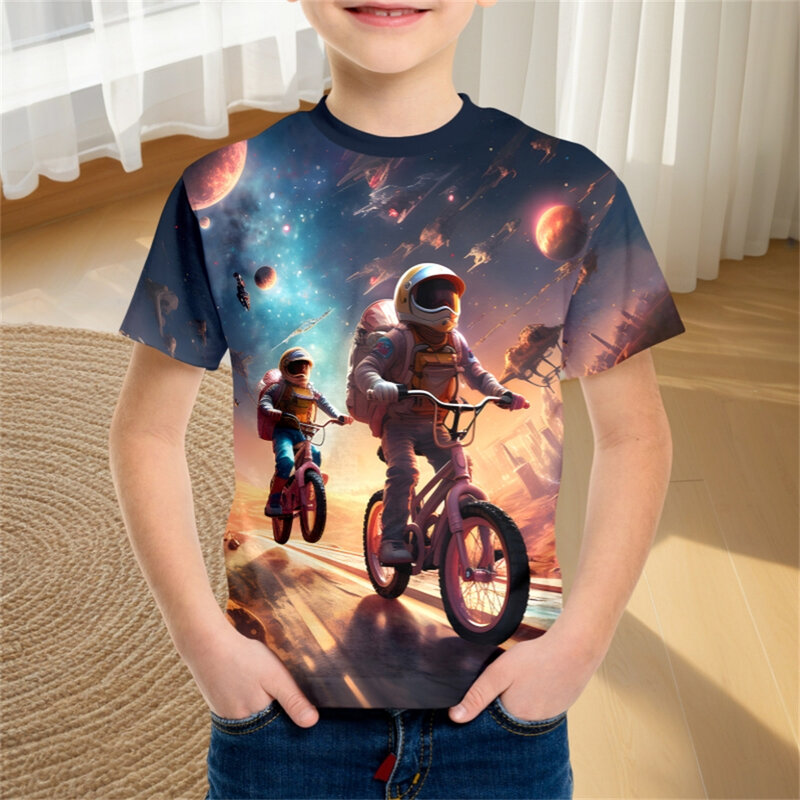 子供の宇宙飛行士と惑星の漫画のTシャツ、夏のトップス、赤ちゃんのTシャツ、ファッション服、男の子、夏、2022