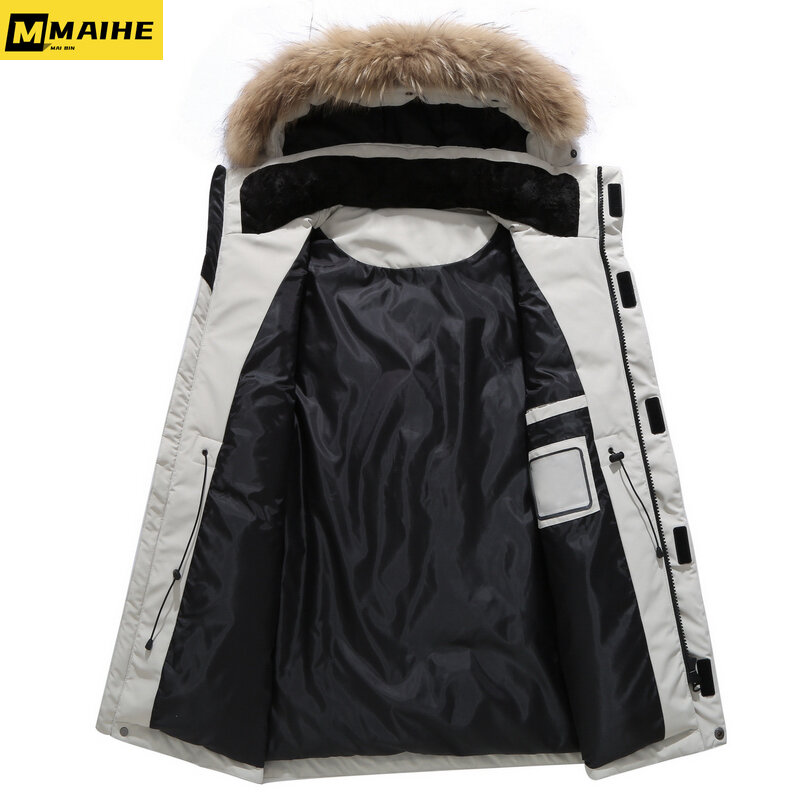 Jaket bulu tebal pria, tebal dengan kerah bulu asli besar Parka hangat-30 derajat kasual anti air mantel musim dingin ukuran 3XL