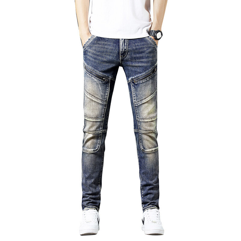 Высококлассные мужские винтажные джинсы, уличные брендовые облегающие брюки на молнии в стиле пэчворк, Стрейчевые длинные мотоциклетные ретро брюки